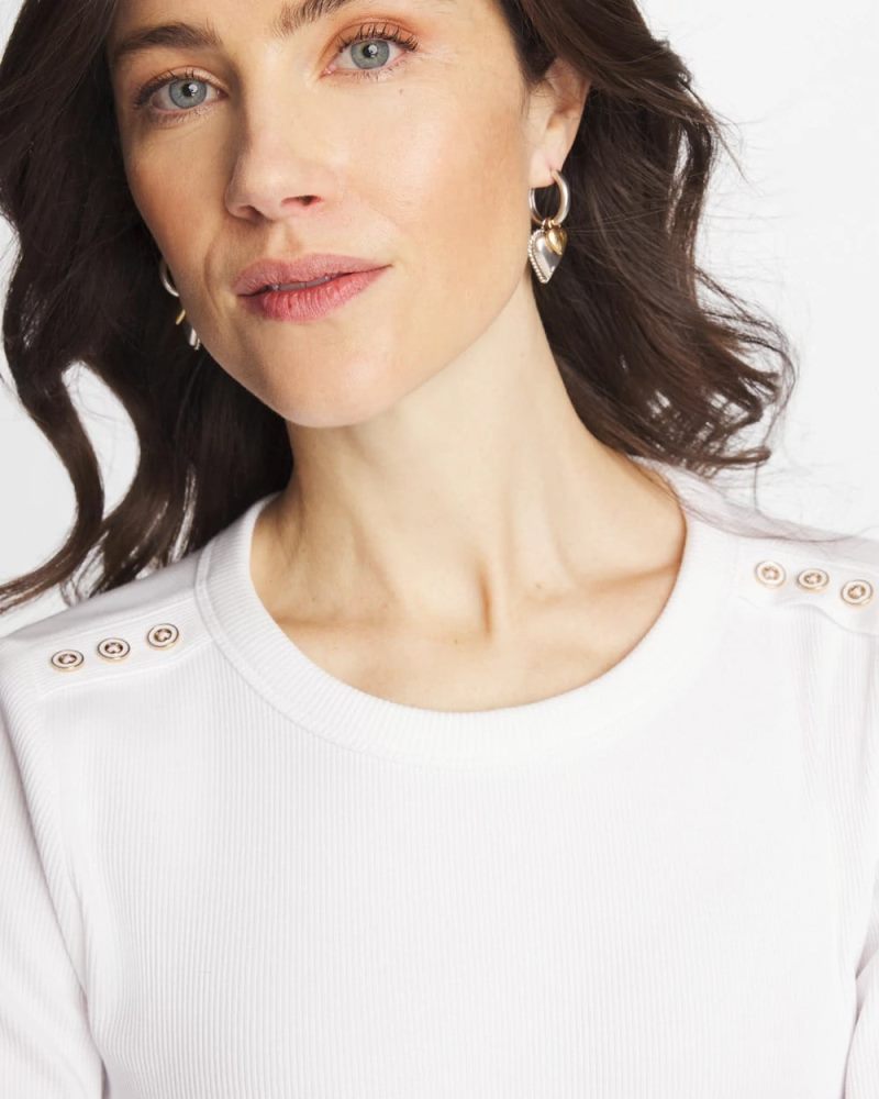 Chicos Ribbed Button Crewneck Tee - ALABASTER