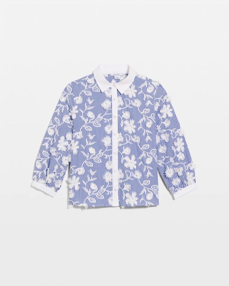 Chicos Cotton 3D Embroidered Striped Shirt - ALABASTER