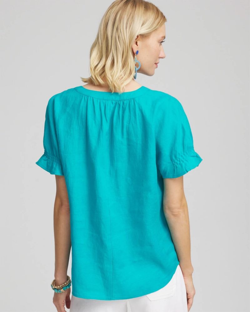 Chicos Linen Flutter-Sleeve Popover Top - SEASPRAY