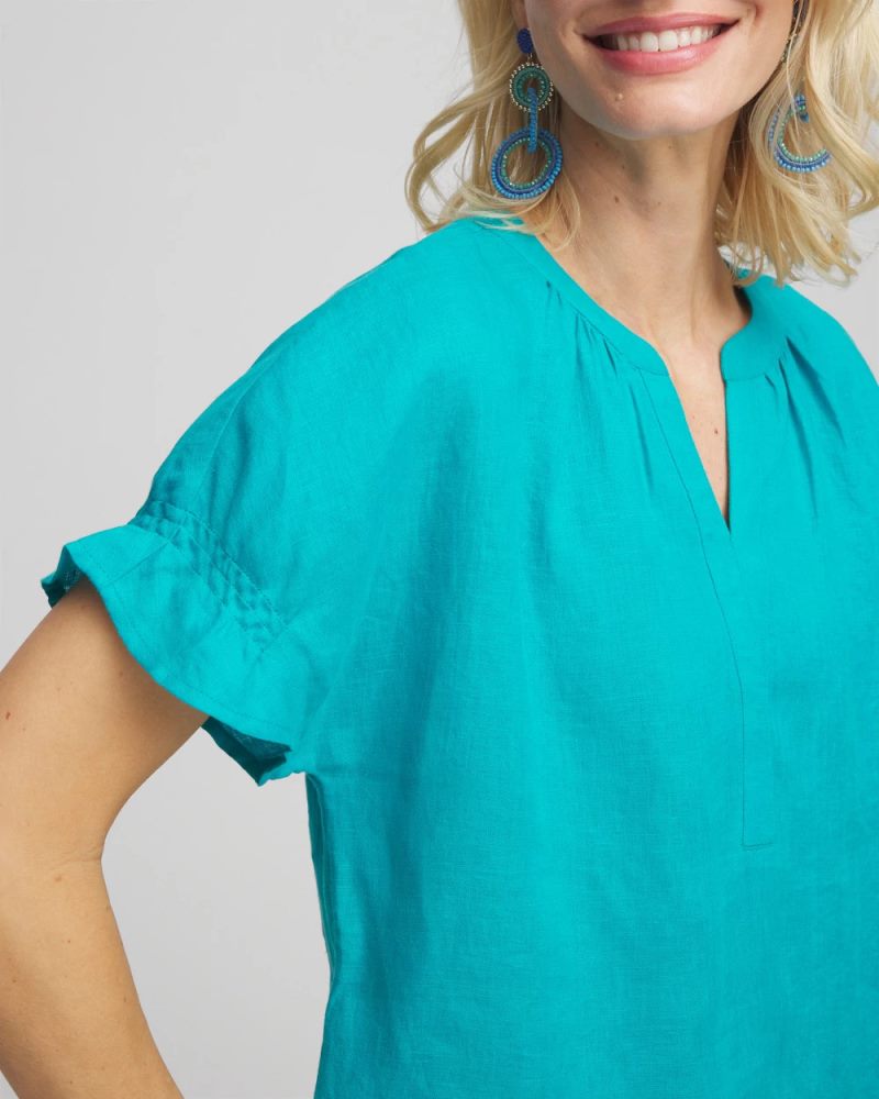 Chicos Linen Flutter-Sleeve Popover Top - SEASPRAY