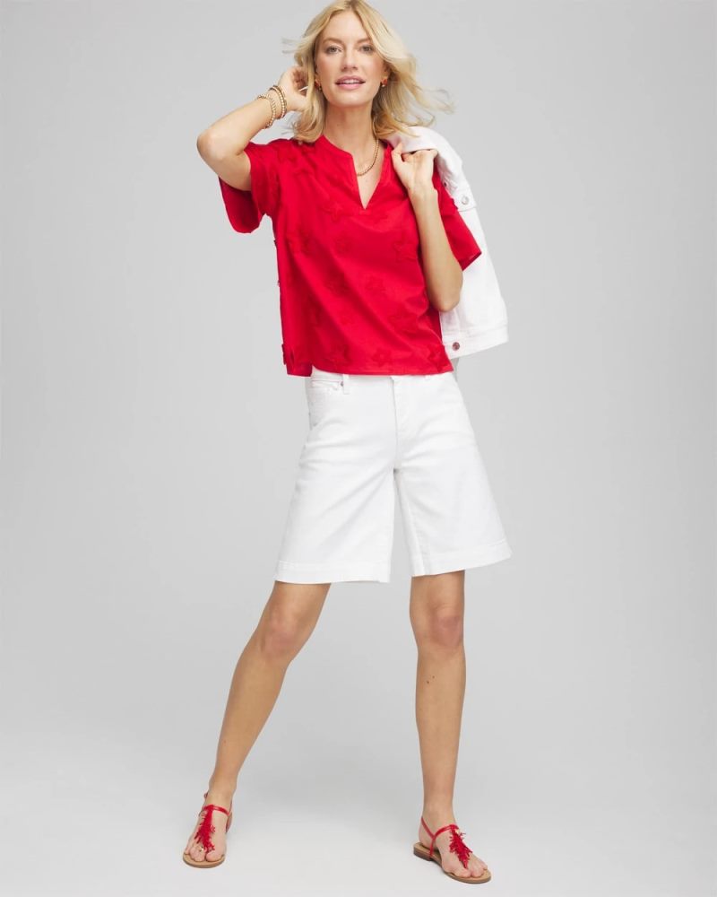 Chicos Embroidered Star Split Neck Blouse - RED GLOW