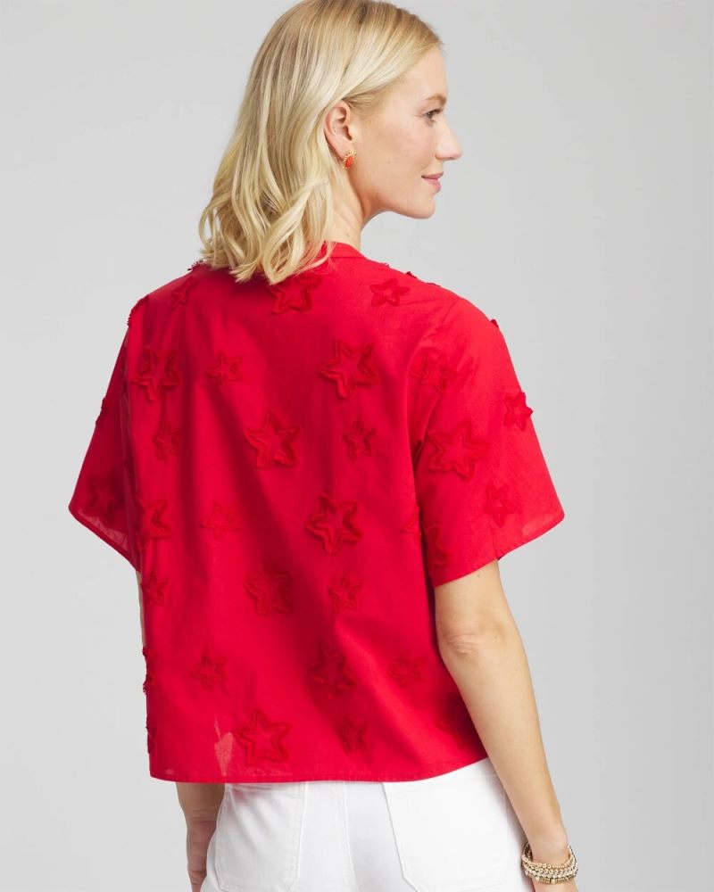 Chicos Embroidered Star Split Neck Blouse - RED GLOW