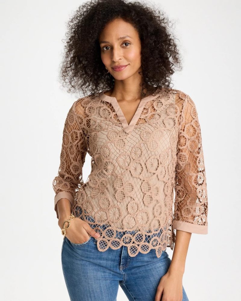 Chicos Mixed-Media Medallion Lace Top - MOCHA MOUSSE