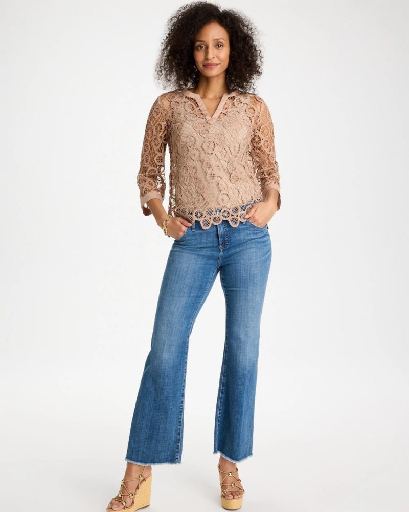 Chicos Mixed-Media Medallion Lace Top - MOCHA MOUSSE