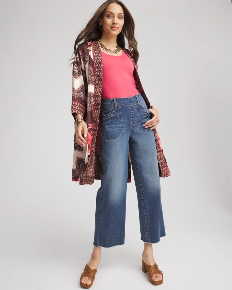 Chicos Pull-On Cropped Wide-Leg Frayed Jeans - PERSIMMON INDIGO