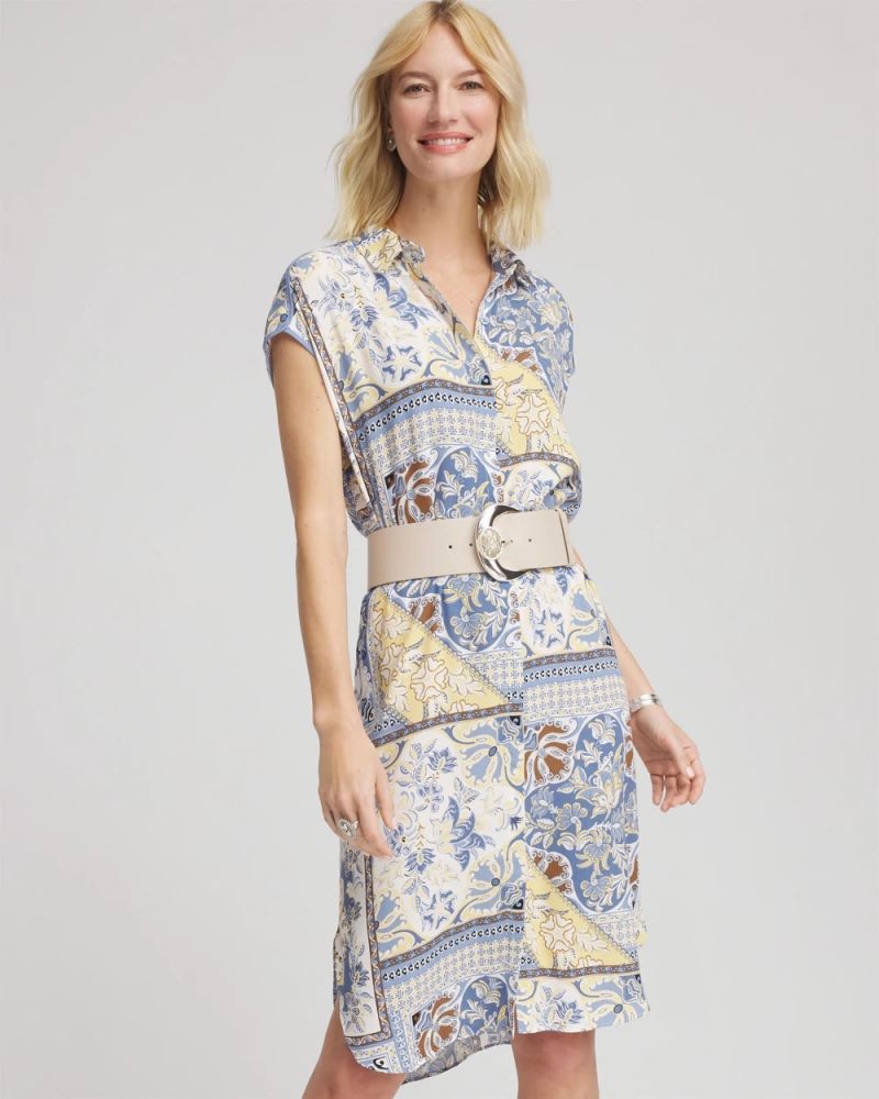 Chicos Floral Patchwork Short Shirtdress - ECRU