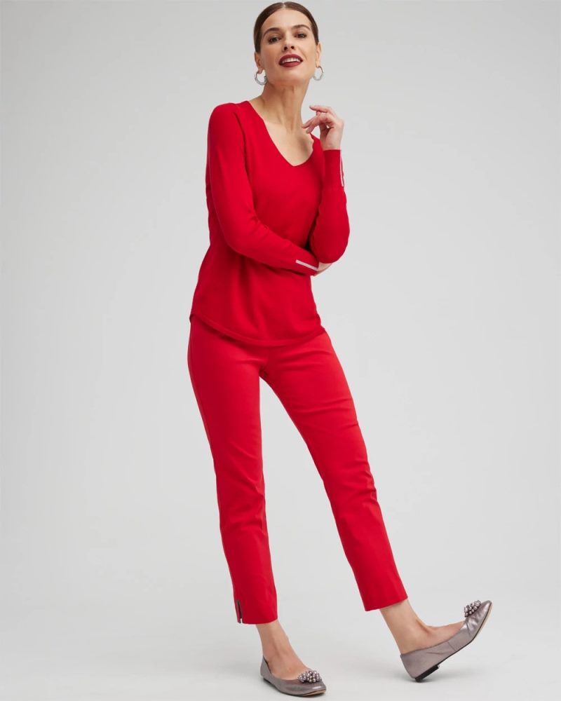 Chicos Caviar Trim V-Neck Pullover Sweater - WILD POPPY