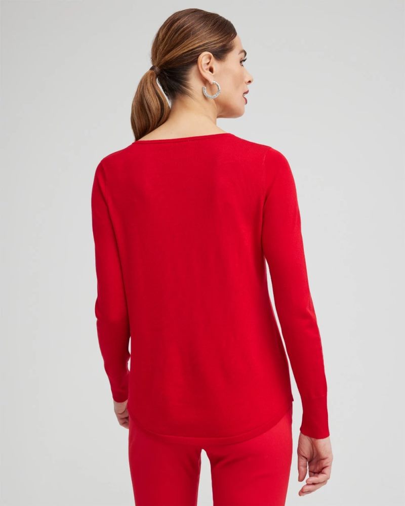 Chicos Caviar Trim V-Neck Pullover Sweater - WILD POPPY