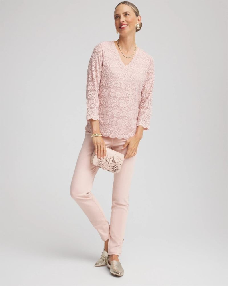Chicos Lace Scallop-Hem Knit Tee - ROSE SMOKE