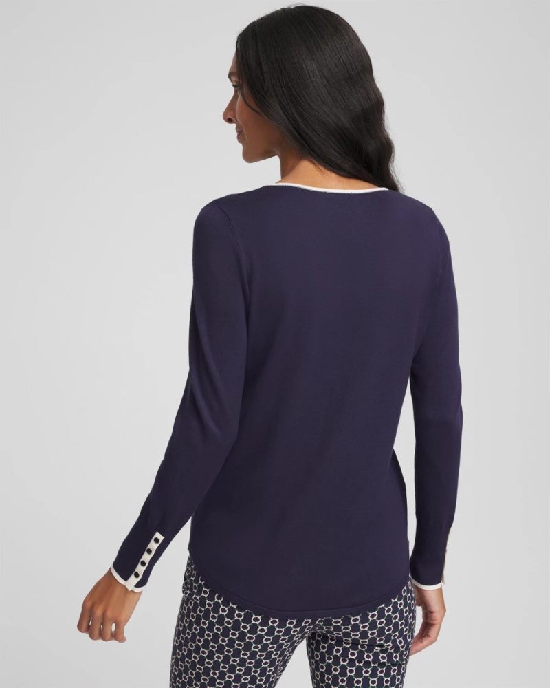 Chicos Ella Tipped V-Neck Pullover Sweater - PASSPORT BLUE