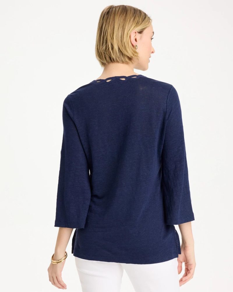 Chicos Embroidered Linen Tee - PASSPORT BLUE