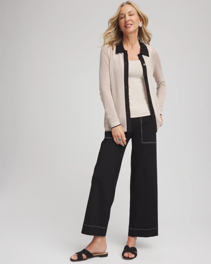 Chicos Pointelle Polo Cardigan - SMOKEY TAUPE