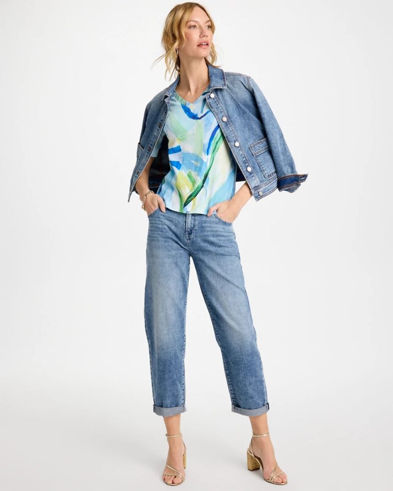 Chicos Printed Pima V-Neck Tee - AMPARO BLUE