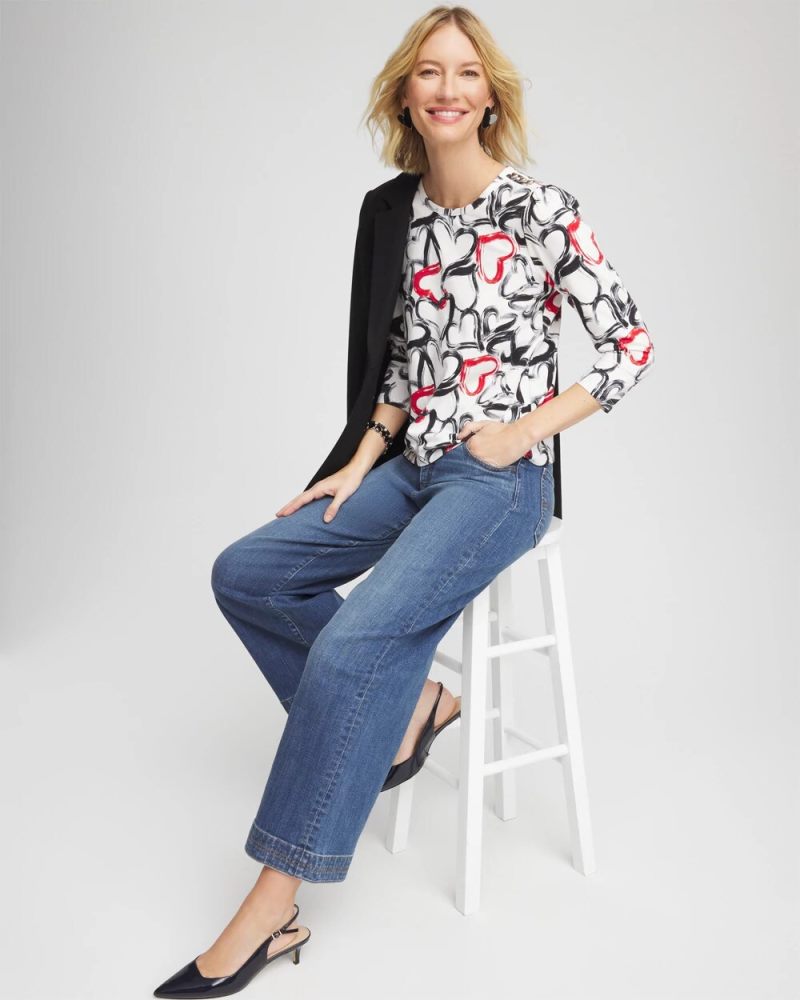 Chicos Love Brush Button Heart Tee - BLACK