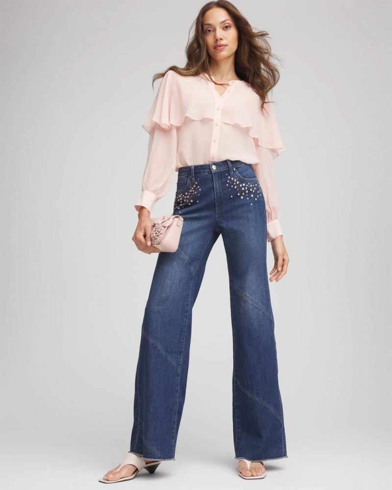Chicos Embellished Frayed Flared-Leg Jeans - IRVINA INDIGO