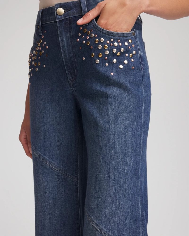 Chicos Embellished Frayed Flared-Leg Jeans - IRVINA INDIGO