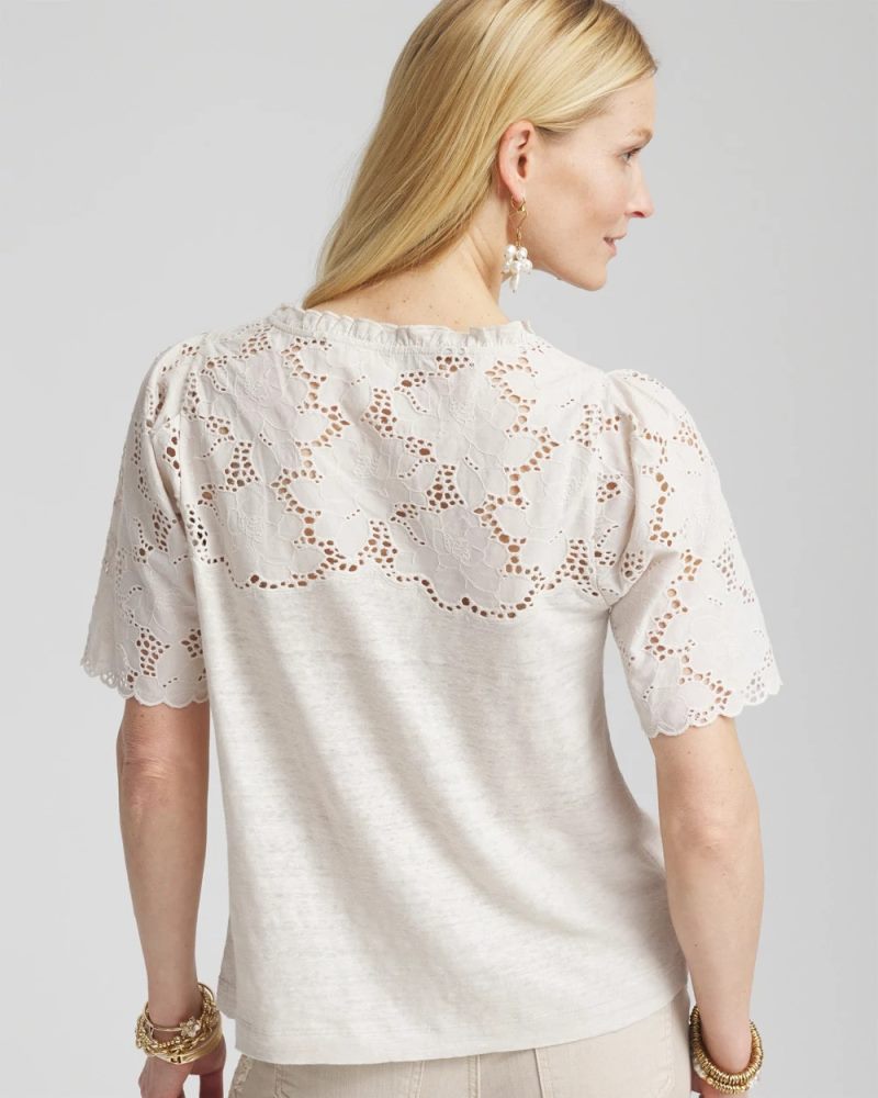 Chicos Embroidered Lace Linen Tee - RIVER ROCK