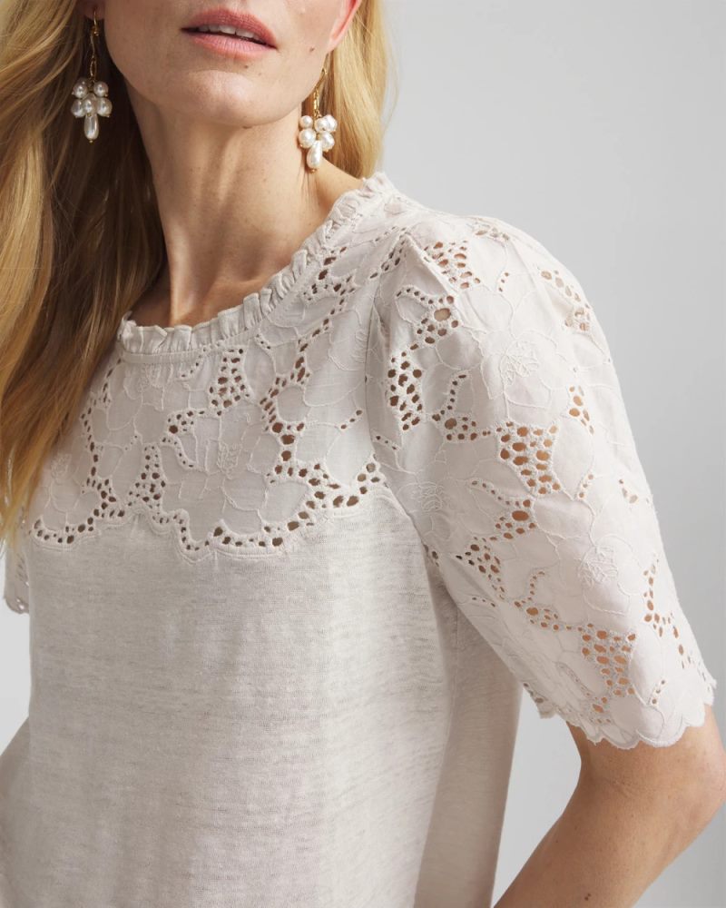 Chicos Embroidered Lace Linen Tee - RIVER ROCK