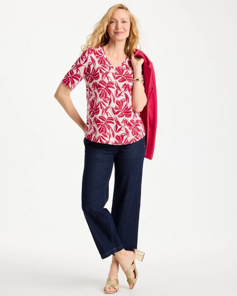 Chicos Printed Cotton Slub V-Neck Tee - CHERRY LUSH