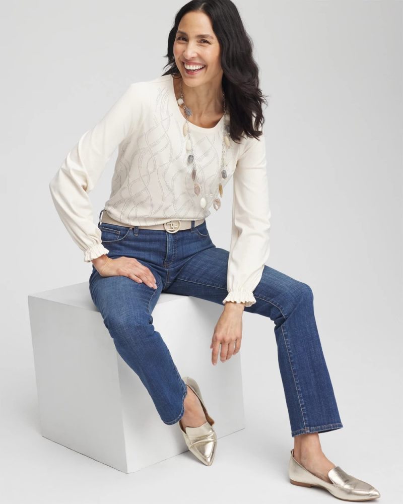 Chicos Embellished Long-sleeve Top - ENGLISH CREAM