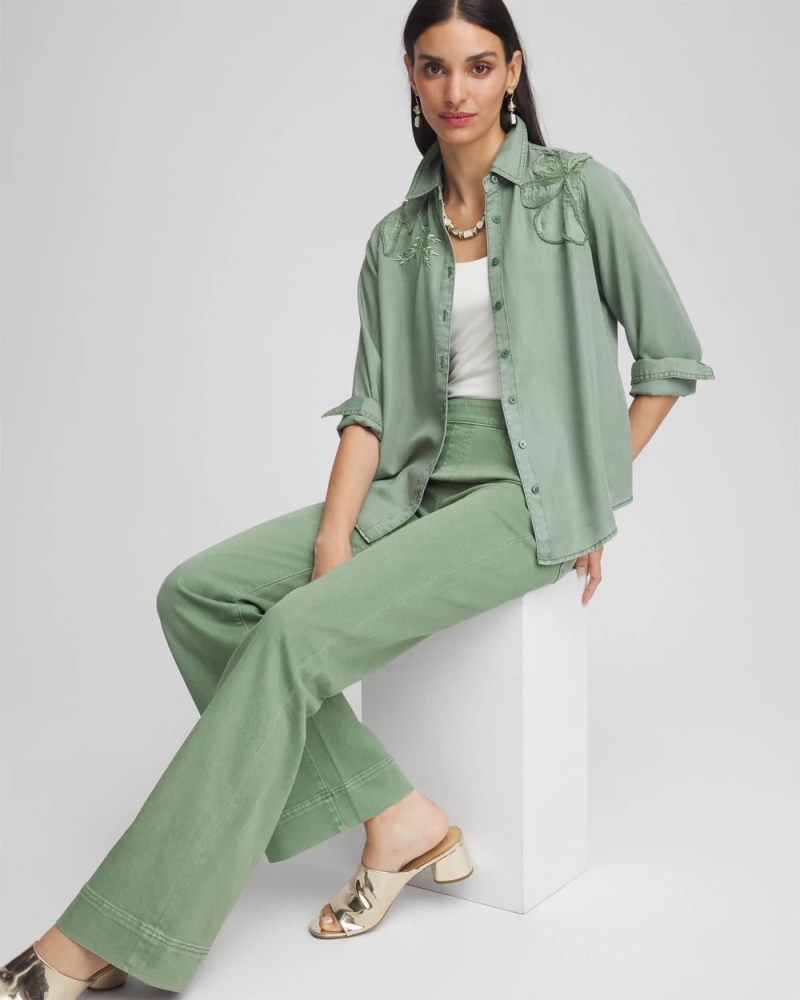 Chicos Embellished Lyocell Tencel™ Collared Shirt - MINERAL GREEN