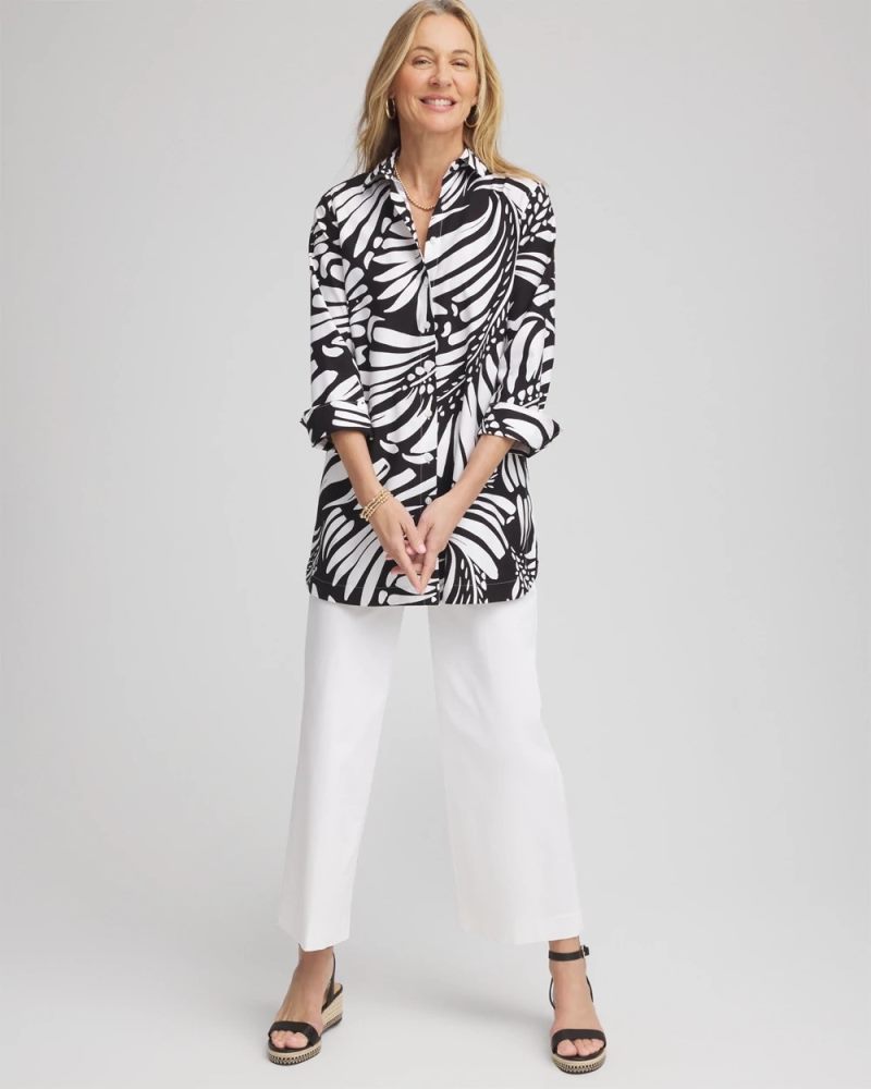 Chicos No Iron Printed Palms Button Down Tunic - BLACK