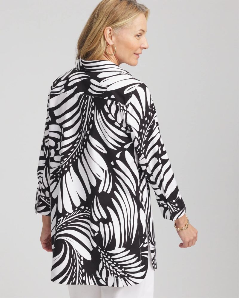 Chicos No Iron Printed Palms Button Down Tunic - BLACK
