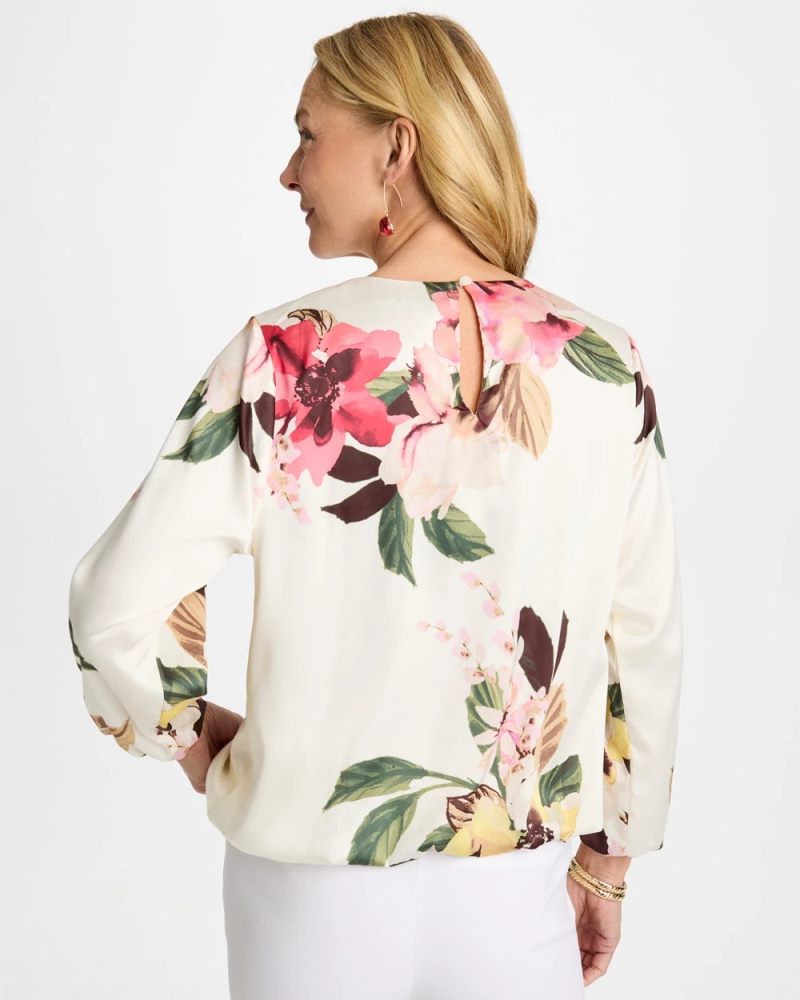 Chicos Crewneck Satin Bubble Hem Top - HOT HONEYSUCKLE