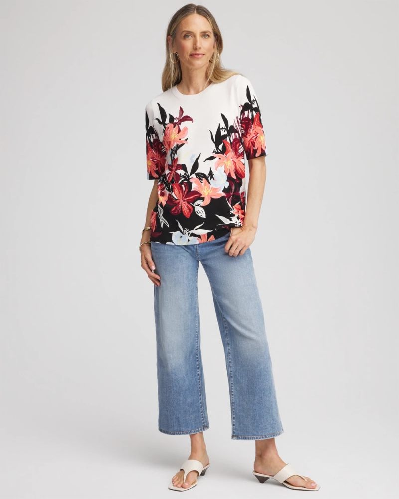 Chicos Floral Print Crewneck Sweater - ECRU