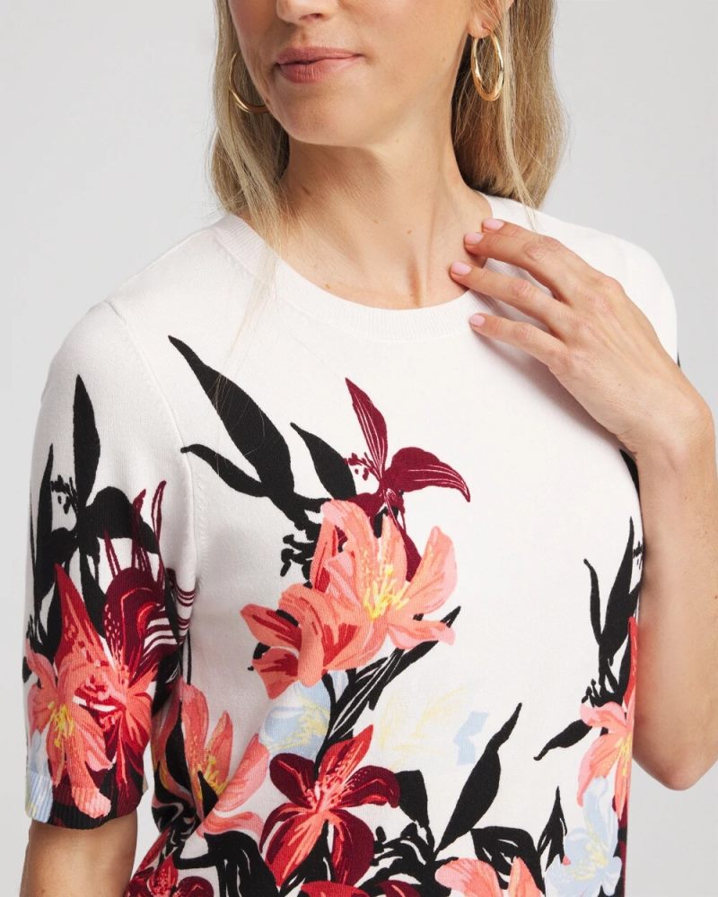 Chicos Floral Print Crewneck Sweater - ECRU
