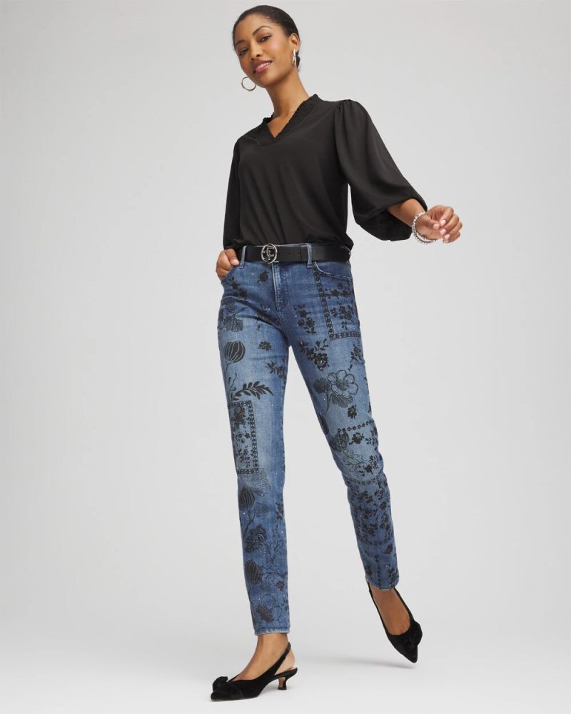 Chicos Mixed-Media Girlfriend Slim Ankle Jeans - EMILIA INDIGO