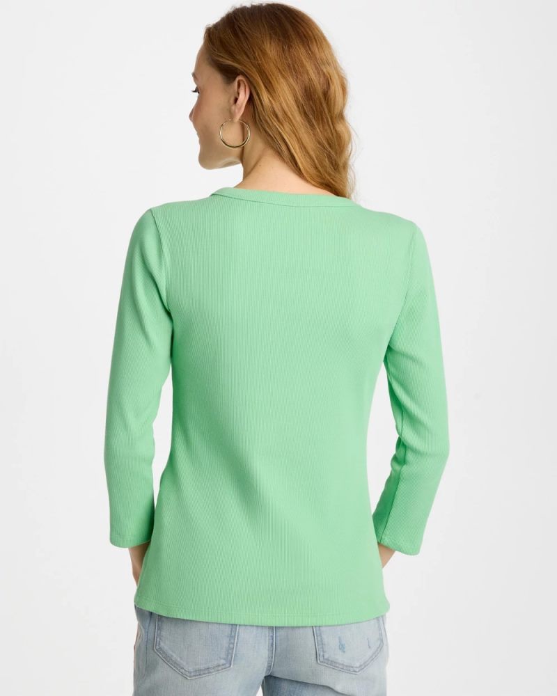 Chicos Ribbed Button Crewneck Tee - PEPPERMINT GREEN