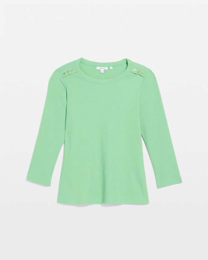 Chicos Ribbed Button Crewneck Tee - PEPPERMINT GREEN