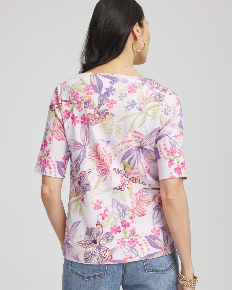 Chicos Tropical Floral Pima Tee - GENTLE LAVENDER