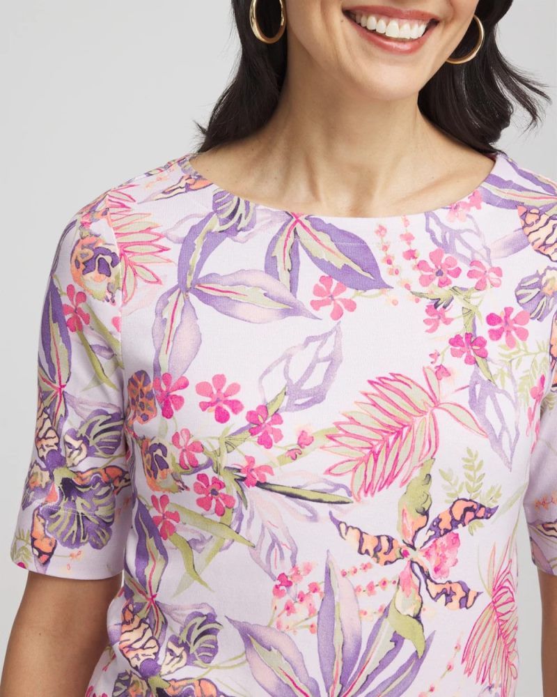Chicos Tropical Floral Pima Tee - GENTLE LAVENDER