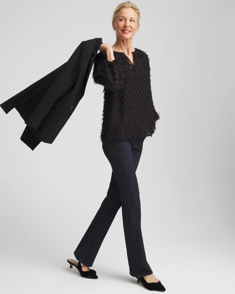 Chicos Feathered Pullover Peasant Blouse - BLACK