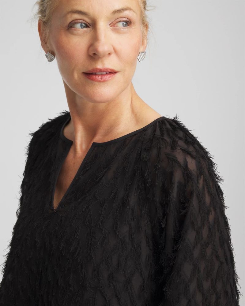 Chicos Feathered Pullover Peasant Blouse - BLACK