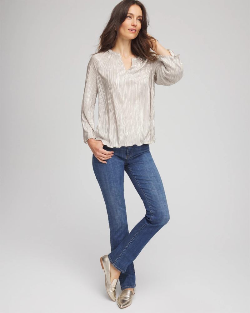 Chicos Foiled Pleated V-Neck Tee - CHAMPAGNE