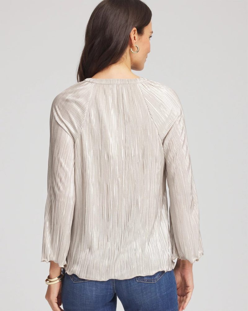 Chicos Foiled Pleated V-Neck Tee - CHAMPAGNE