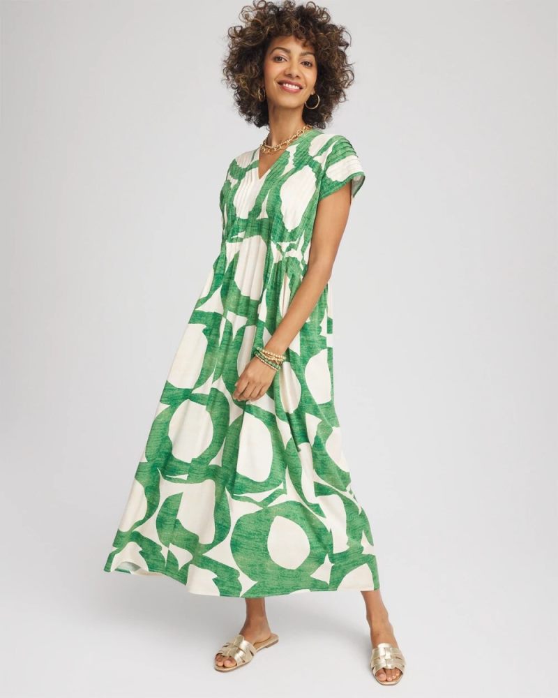Chicos Printed Silk-Twill Popover Midi Dress - ECRU