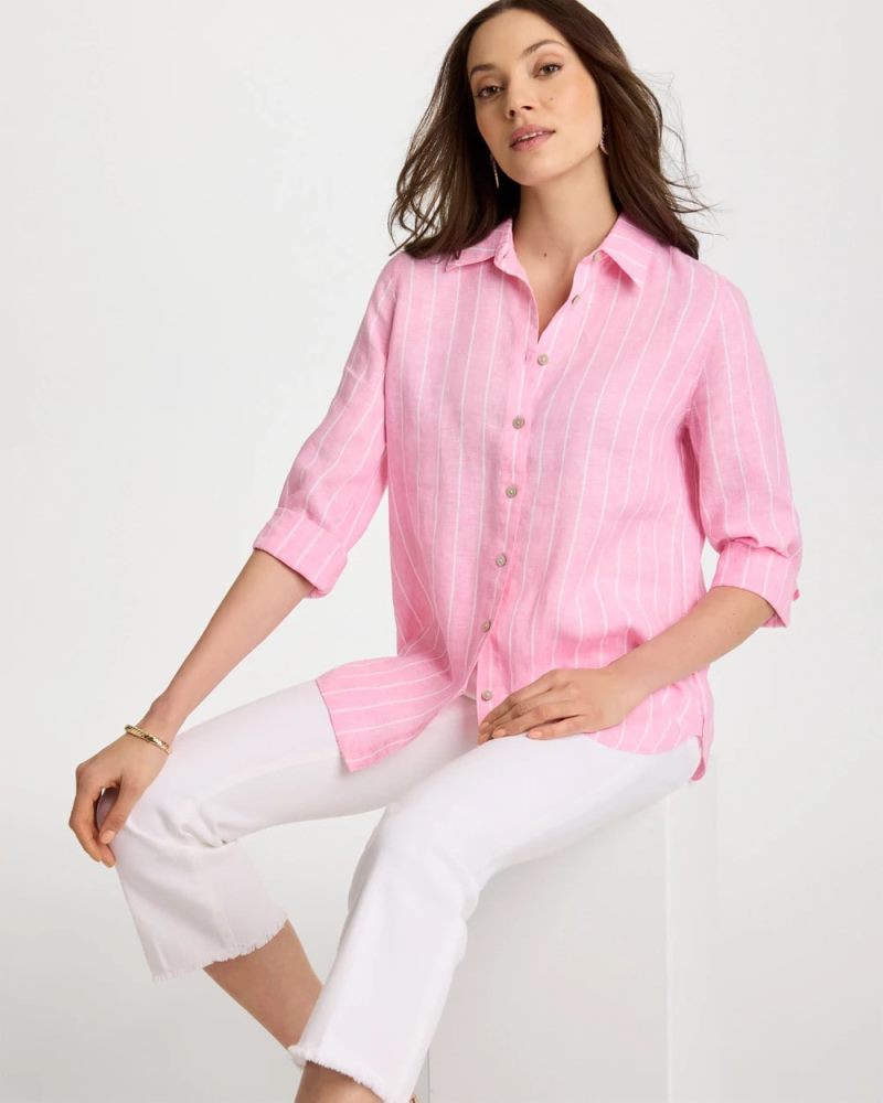 Chicos No Iron Linen Striped Shirt - PINK PANSY