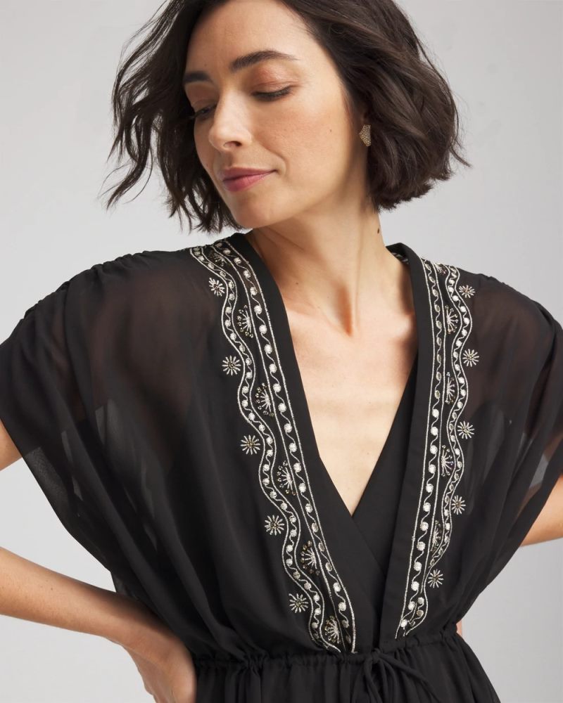 Chicos Miraclesuit® Beach Embroidered Long Kimono - BLACK