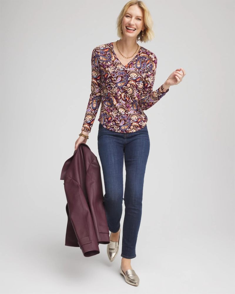 Chicos Paisley Touch of Cool™ V-Neck Layering Tee - DEEP CHIANTI