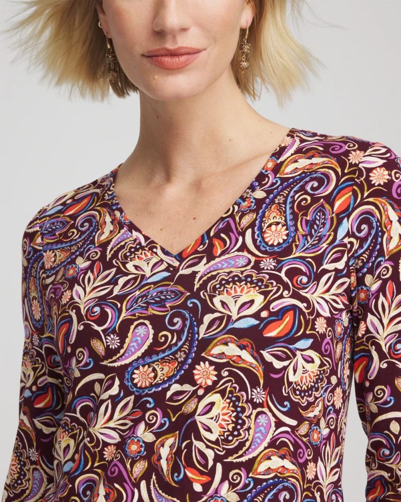 Chicos Paisley Touch of Cool™ V-Neck Layering Tee - DEEP CHIANTI
