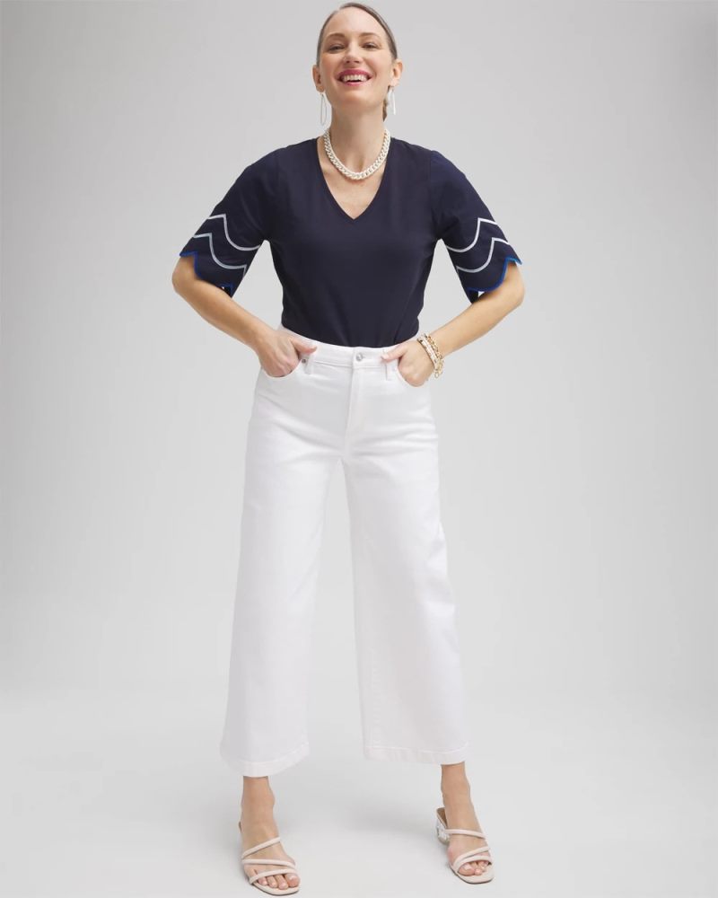 Chicos Embroidered Scallop Sleeve Top - CLASSIC NAVY