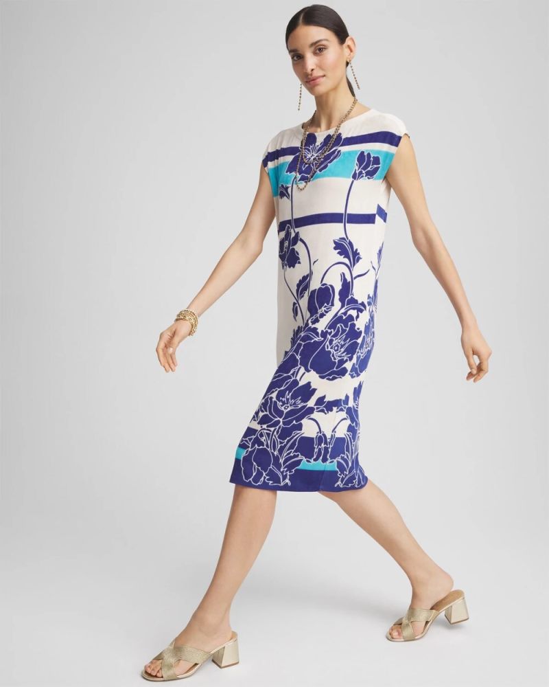 Chicos Travelers™ Wildflower Cap-Sleeved Column Dress - BLUE CASA