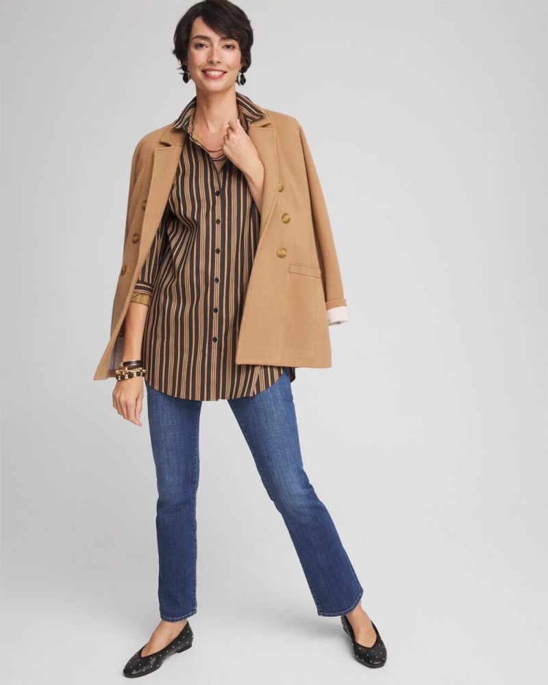 Chicos No Iron Stripe Tunic - CAMEL/BLACK