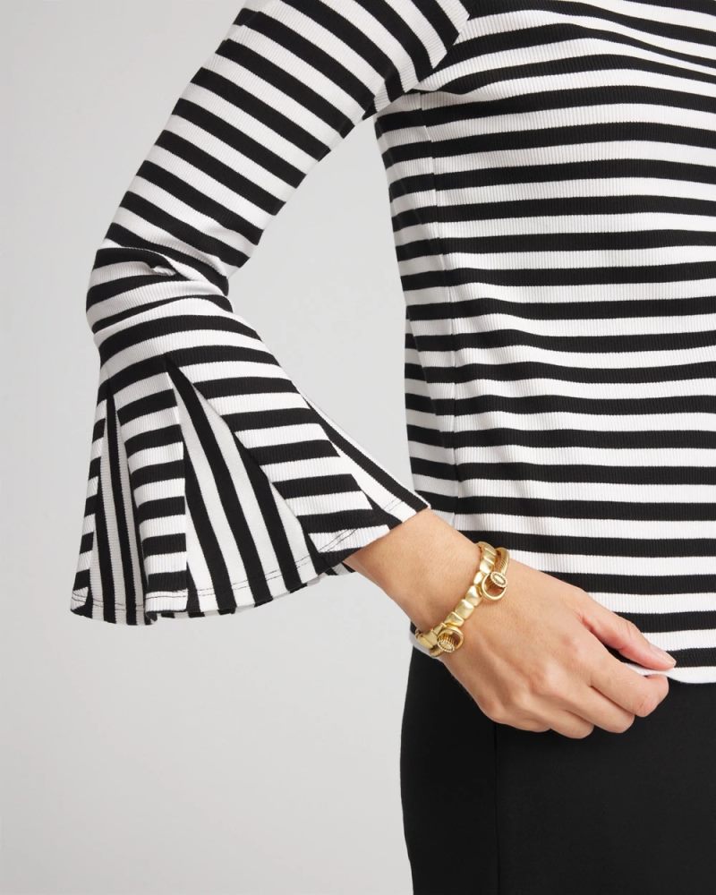 Chicos Ribbed Godet Flutter-Sleeve Top - BLACK