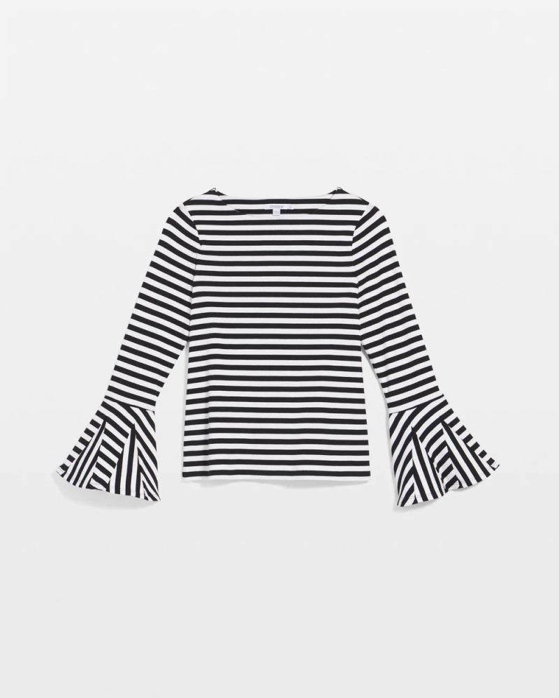 Chicos Ribbed Godet Flutter-Sleeve Top - BLACK