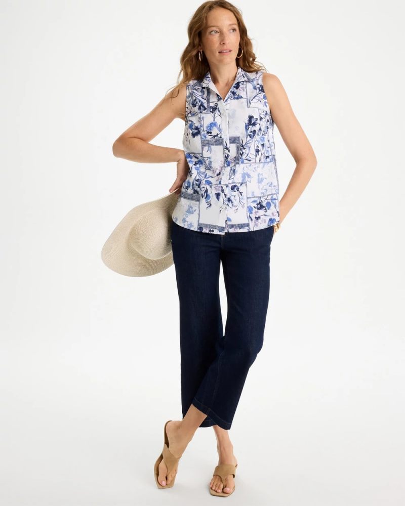 Chicos Cotton-Blend Classic Printed Sleeveless Shirt - AMPARO BLUE